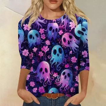 Женская модная повседневная футболка с рукавом три четверти и принтом на Хэллоуин, с круглым вырезом S