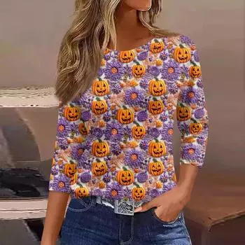 Женская модная повседневная футболка с рукавом три четверти и принтом на Хэллоуин, с круглым вырезом XL розовый