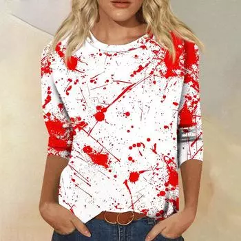 Женская модная повседневная футболка с рукавом три четверти и принтом на Хэллоуин, с круглым вырезом M белый