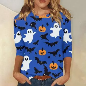 Женская модная повседневная футболка с рукавом три четверти и принтом на Хэллоуин, с круглым вырезом XXL синий