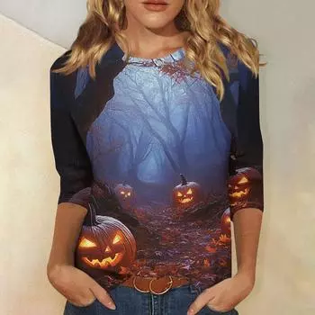 Женская модная повседневная футболка с рукавом три четверти и принтом на Хэллоуин, с круглым вырезом XL синий