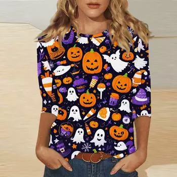 Женская модная повседневная футболка с рукавом три четверти и принтом на Хэллоуин, с круглым вырезом M