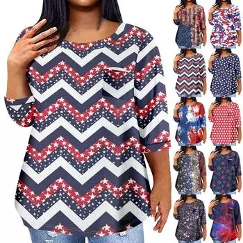 Женская модная повседневная футболка с рукавом три четверти и принтом в честь Дня независимости и круглым вырезом, карманная футболка, топ L чёрный