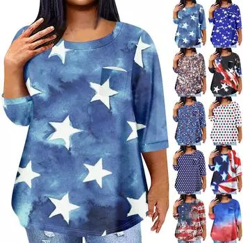 Женская модная повседневная футболка с рукавом три четверти и принтом в честь Дня независимости и круглым вырезом, карманная футболка, топ L чёрный
