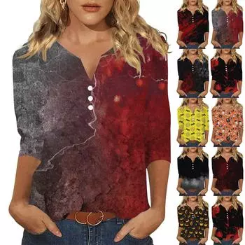 Женская модная повседневная футболка с семью рукавами и принтом на Хэллоуин с воротником на пуговицах XXXL