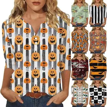 Женская модная повседневная футболка с семью рукавами и принтом на Хэллоуин с воротником на пуговицах XXL