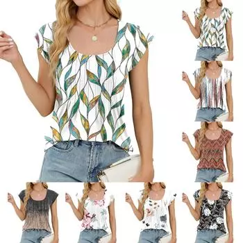 Женская модная повседневная футболка с U-образным вырезом и цветочным принтом, топ с рукавами-крылышками L чёрный