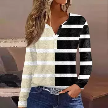 Женская модная повседневная футболка с v-образным вырезом и длинным рукавом с принтом, топ на пуговицах L бежевый