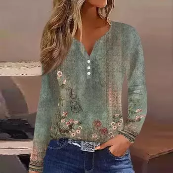 Женская модная повседневная футболка с v-образным вырезом и длинным рукавом с принтом, топ на пуговицах L армия зеленый