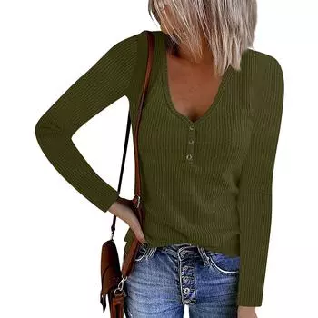 Женская модная повседневная футболка с V-образным вырезом, однотонная, с длинным рукавом, на пуговицах L армия зеленый