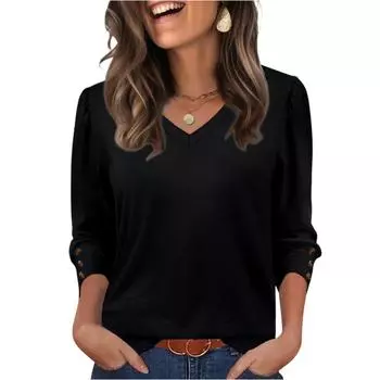 Женская модная повседневная футболка с V-образным вырезом однотонного цвета L чёрный