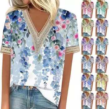 Женская модная повседневная футболка с v-образным вырезом и кружевом в стиле ретро с коротким рукавом и принтом, топ L синий