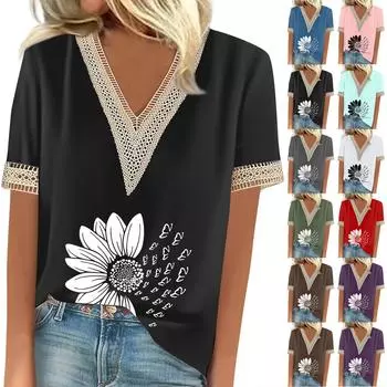Женская модная повседневная футболка с v-образным вырезом и кружевом в стиле ретро с коротким рукавом и принтом, топ L