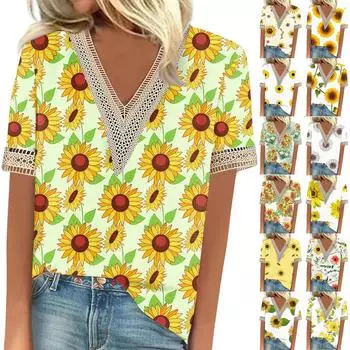 Женская модная повседневная футболка с v-образным вырезом и кружевом в стиле ретро с коротким рукавом и принтом, топ L бежевый