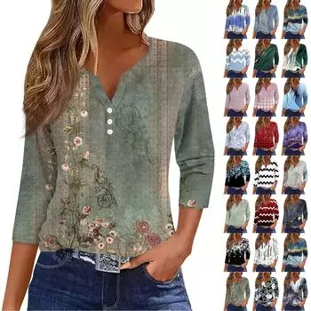 Женская модная повседневная футболка с v-образным вырезом и семью рукавами, топ на пуговицах с градиентным принтом L чёрный