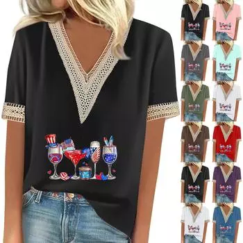 Женская модная повседневная футболка с v-образным вырезом и кружевом в стиле ретро с коротким рукавом и принтом, топ L