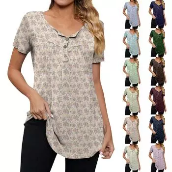 Женская модная повседневная футболка с v-образным вырезом и цветочным принтом на пуговицах и коротким рукавом, топ L бежевый