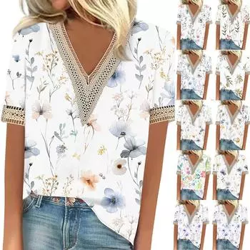 Женская модная повседневная футболка с v-образным вырезом и кружевом в стиле ретро с коротким рукавом и принтом, топ L бежевый