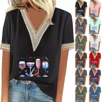 Женская модная повседневная футболка с v-образным вырезом и кружевом в стиле ретро с коротким рукавом и принтом, топ L армия зеленый