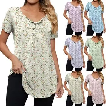Женская модная повседневная футболка с v-образным вырезом и цветочным принтом на пуговицах и коротким рукавом, топ L бежевый