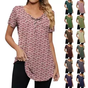 Женская модная повседневная футболка с v-образным вырезом и цветочным принтом на пуговицах и коротким рукавом, топ L армия зеленый