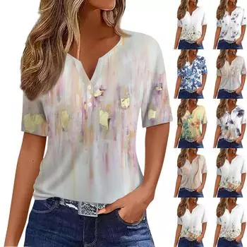 Женская модная повседневная футболка с v-образным вырезом и коротким рукавом с цветочным принтом, украшенная пуговицами, топ S