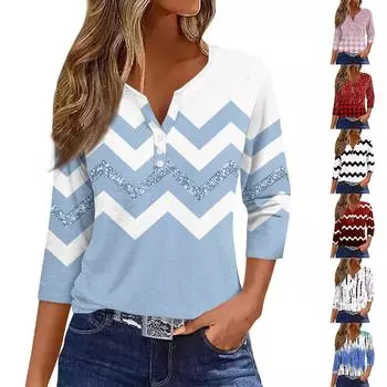 Женская модная повседневная футболка с v-образным вырезом, полосатый топ на пуговицах с семью рукавами и принтом L чёрный