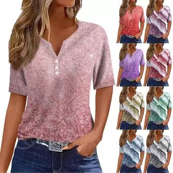 Женская модная повседневная футболка с v-образным вырезом и короткими рукавами, топ на пуговицах с градиентным принтом L синий