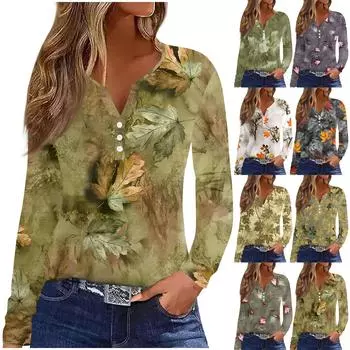 Женская модная повседневная футболка с V-образным вырезом и принтом листьев, с длинными рукавами и декоративными пуговицами L