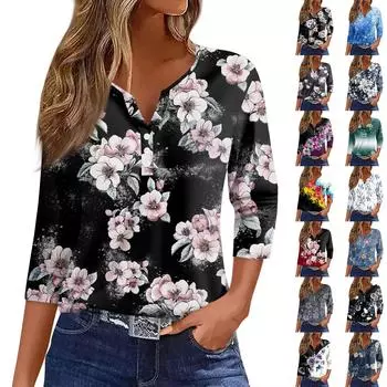 Женская модная повседневная футболка с v-образным вырезом и семью рукавами с принтом, топ M красный