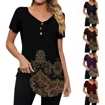 Женская модная повседневная футболка с v-образным вырезом и цветочным принтом на пуговицах и коротким рукавом, топ L чёрный