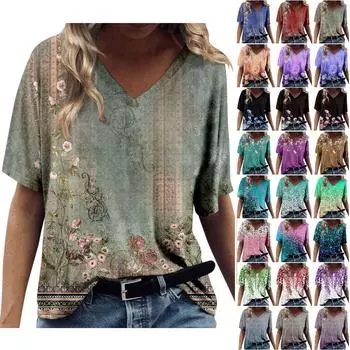 Женская модная повседневная футболка с v-образным вырезом и короткими рукавами с принтом L мятный зеленый