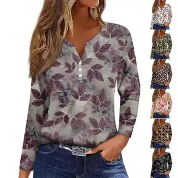 Женская модная повседневная футболка с v-образным вырезом и длинным рукавом с цветочным принтом, украшенная топами S зелёный