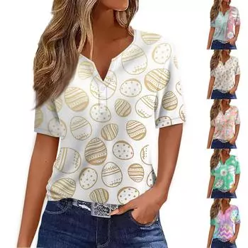 Женская модная повседневная футболка с v-образным вырезом и короткими рукавами с пасхальным принтом и декоративными пуговицами, топ S