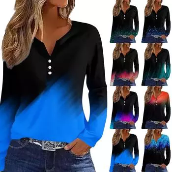 Женская модная повседневная футболка с v-образным вырезом и длинным рукавом с принтом, топ на пуговицах XXXL винный