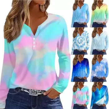 Женская модная повседневная футболка с v-образным вырезом и длинным рукавом с принтом, топ на пуговицах S
