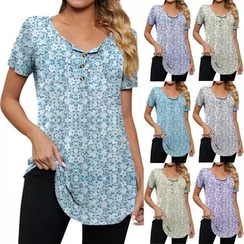 Женская модная повседневная футболка с v-образным вырезом и цветочным принтом на пуговицах и коротким рукавом, топ L бежевый