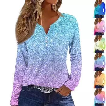 Женская модная повседневная футболка с v-образным вырезом и длинным рукавом с принтом на пуговицах, топы XL синий