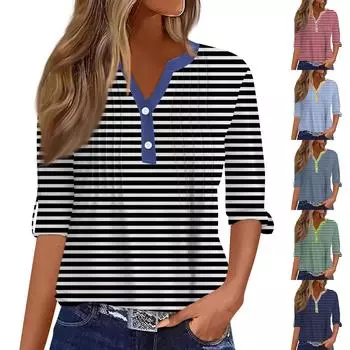 Женская модная повседневная футболка с v-образным вырезом и длинным рукавом с принтом, топ на пуговицах S чёрный