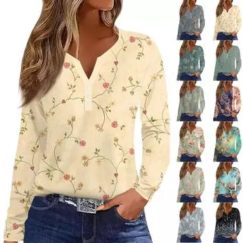 Женская модная повседневная футболка с v-образным вырезом и длинным рукавом с декоративными пуговицами, топ XXXL