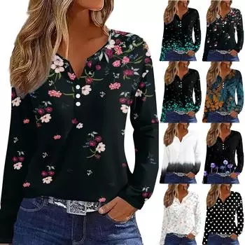 Женская модная повседневная футболка с v-образным вырезом и длинным рукавом с принтом, топ на пуговицах XXXL фиолетовый