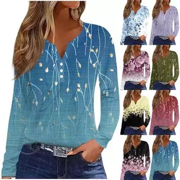 Женская модная повседневная футболка с v-образным вырезом и цветочным принтом, длинный рукав, декоративная пуговица, топ L армия зеленый