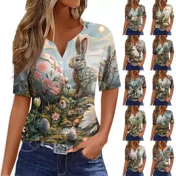 Женская модная повседневная футболка с v-образным вырезом и короткими рукавами с пасхальным принтом и декоративными пуговицами, топ XXL