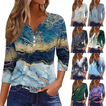 Женская модная повседневная футболка с v-образным вырезом и семью рукавами, топ на пуговицах с градиентным принтом L чёрный