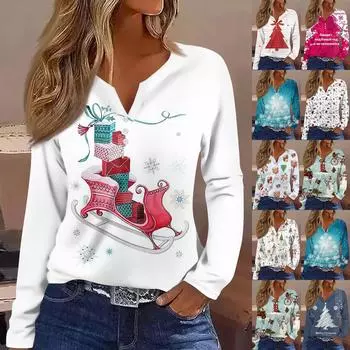 Женская модная повседневная футболка с V-образным вырезом и длинным рукавом с рождественским принтом M