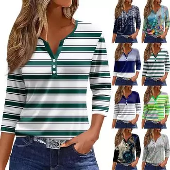 Женская модная повседневная футболка с v-образным вырезом и рукавами 3/4 в полоску, верхняя часть на пуговицах L