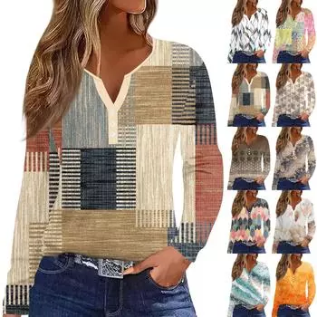 Женская модная повседневная футболка с v-образным вырезом и длинным рукавом с декоративными пуговицами, топ L синий