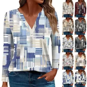 Женская модная повседневная футболка с V-образным вырезом и длинным рукавом, с геометрическим принтом в стиле пэчворк L бежевый