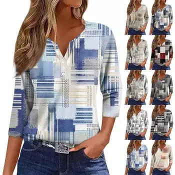 Женская модная повседневная футболка с V-образным вырезом, семью рукавами, геометрическим узором и принтом в стиле пэчворк, на пуговицах L чёрный