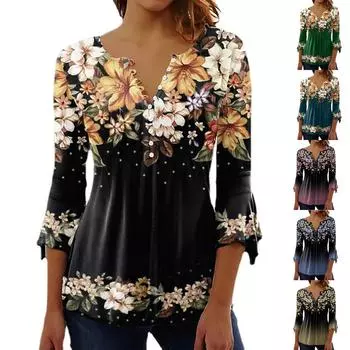 Женская модная повседневная футболка с v-образным вырезом и рукавом семь четвертей с принтом, топы L чёрный